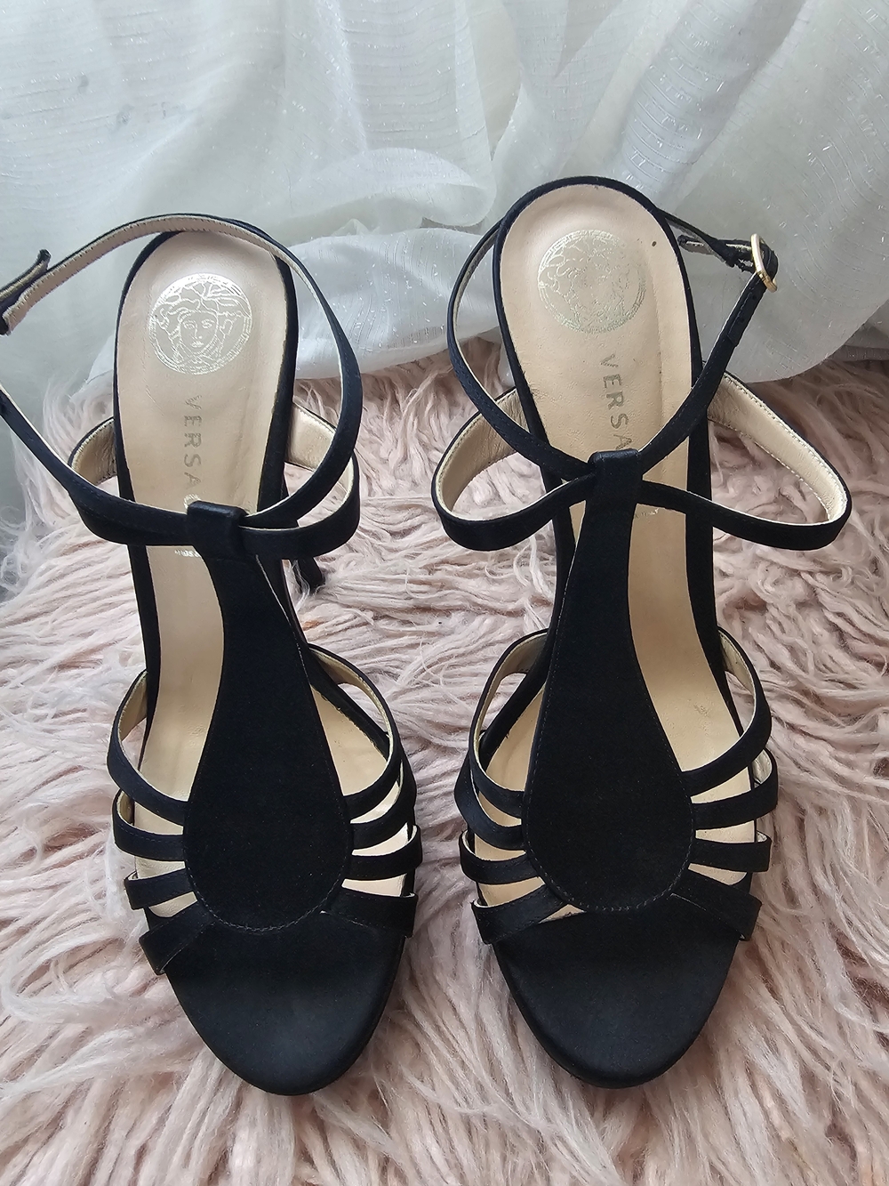 Versace Black Strappy T‑Bar Heels